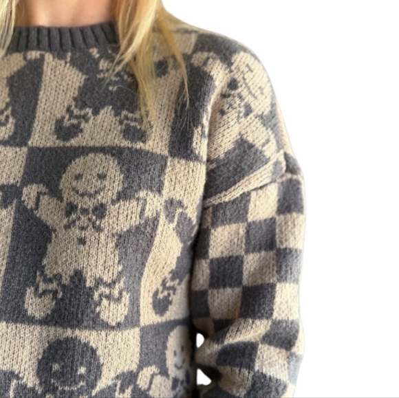 NWT Blu Pepper "Checkered Gingerbread Jacquard Knit Sweater" Charcoal/Tan Large - Picture 7 of 14